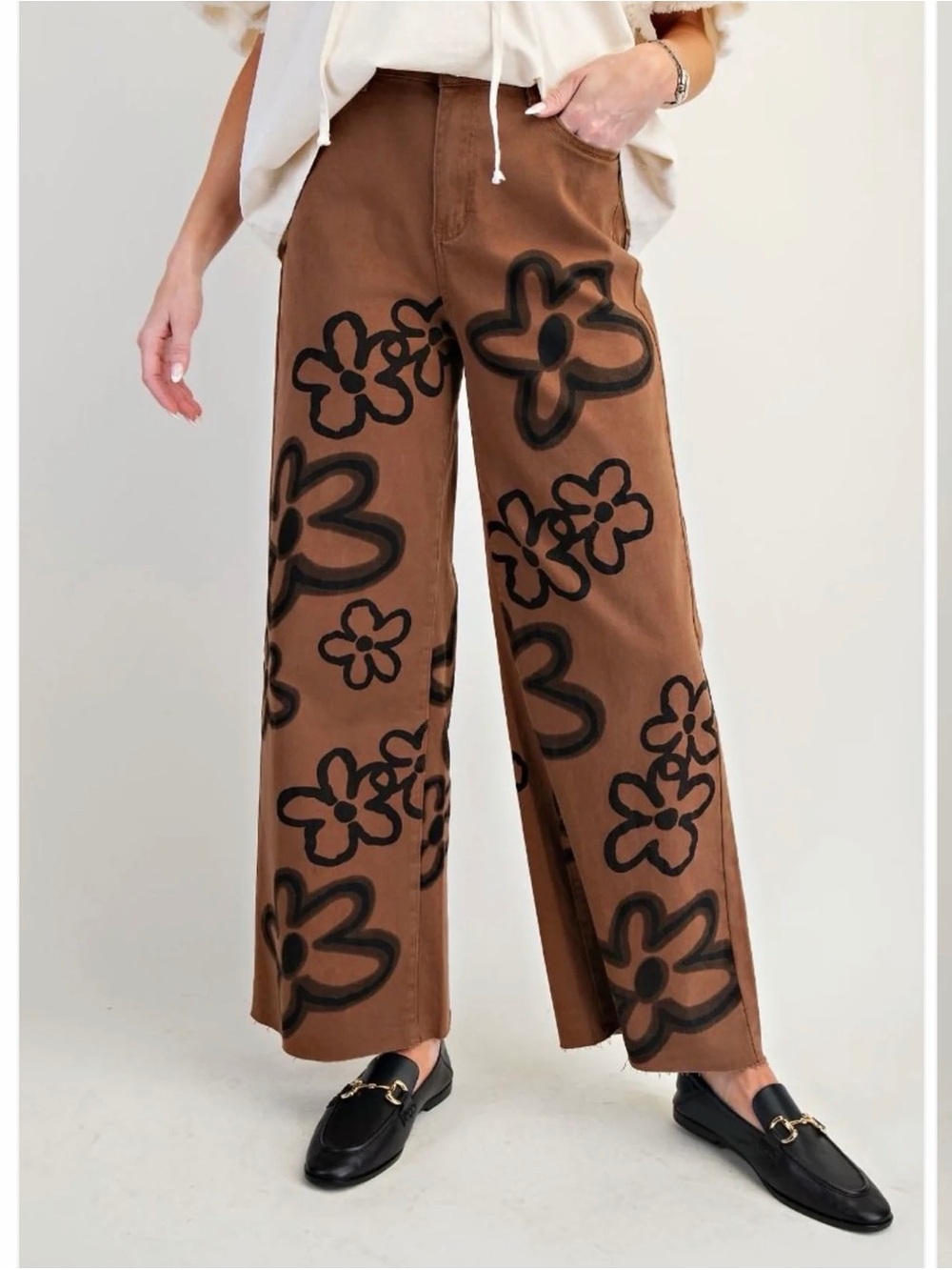 easel Brown Wide-Leg Floral Print Pants